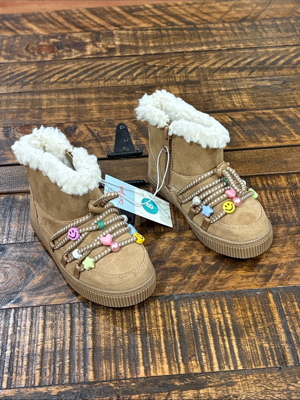 Cat & Jack Tan Faux-Shearling Kids Boots with Beaded Laces